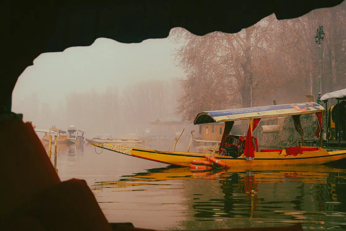 A shikara boat glides across Kashmir's Dal Lake at golden hour
