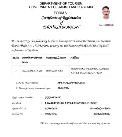 J&K Tourism Certificate